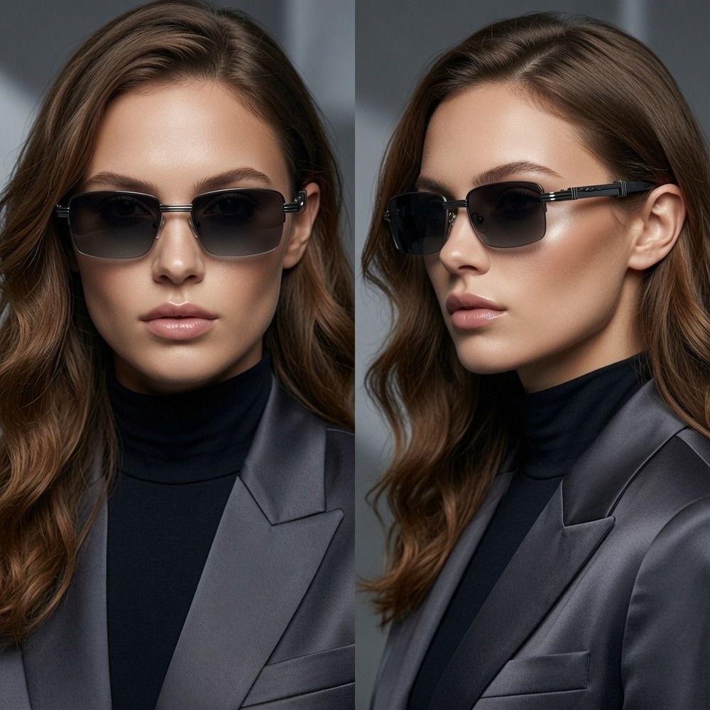 Gunmetal Women Sunglasses Black Lens Metal Frame Vintage Style Rimless Luxury